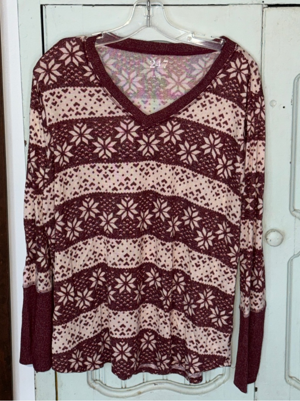 Maurices 24/7 Maroon and Cream Fair Isle V-Neck Tunic
